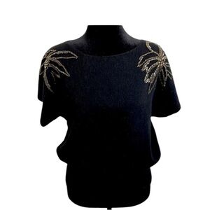 NWT Vintage Lambs Wool & Rabbit Hair Beaded Black Top Made In Hong Kong 0011